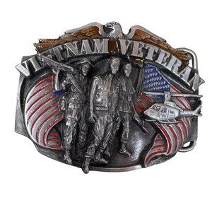 Vietnam Veteran Belt Buckle With Soldiers & Flag 1989 Siskiyou K-857 USA Oval Me